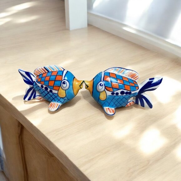 Blue Sky Diane Kissing Fish Figurine Pair Hand Painted Ceramic Coastal Decor - Picture 1 of 7